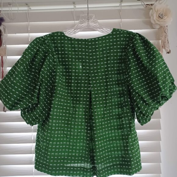 Kate Spade x Target Green Puff Sleeve Bow Front Blouse Women’s Size Small Cotton - Picture 5 of 5